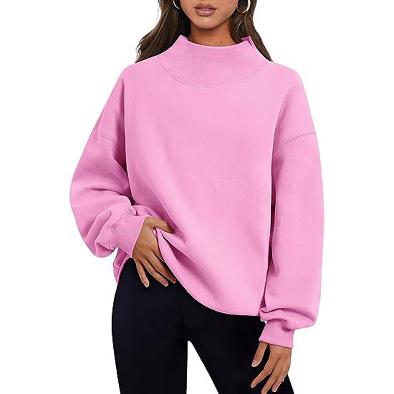 cfhntfmh Oversized Sweatshirt for Women Trendy Mock Neck Solid Color T-Shirts Winter Warm Fleece Long Sleeve Pullover Tops