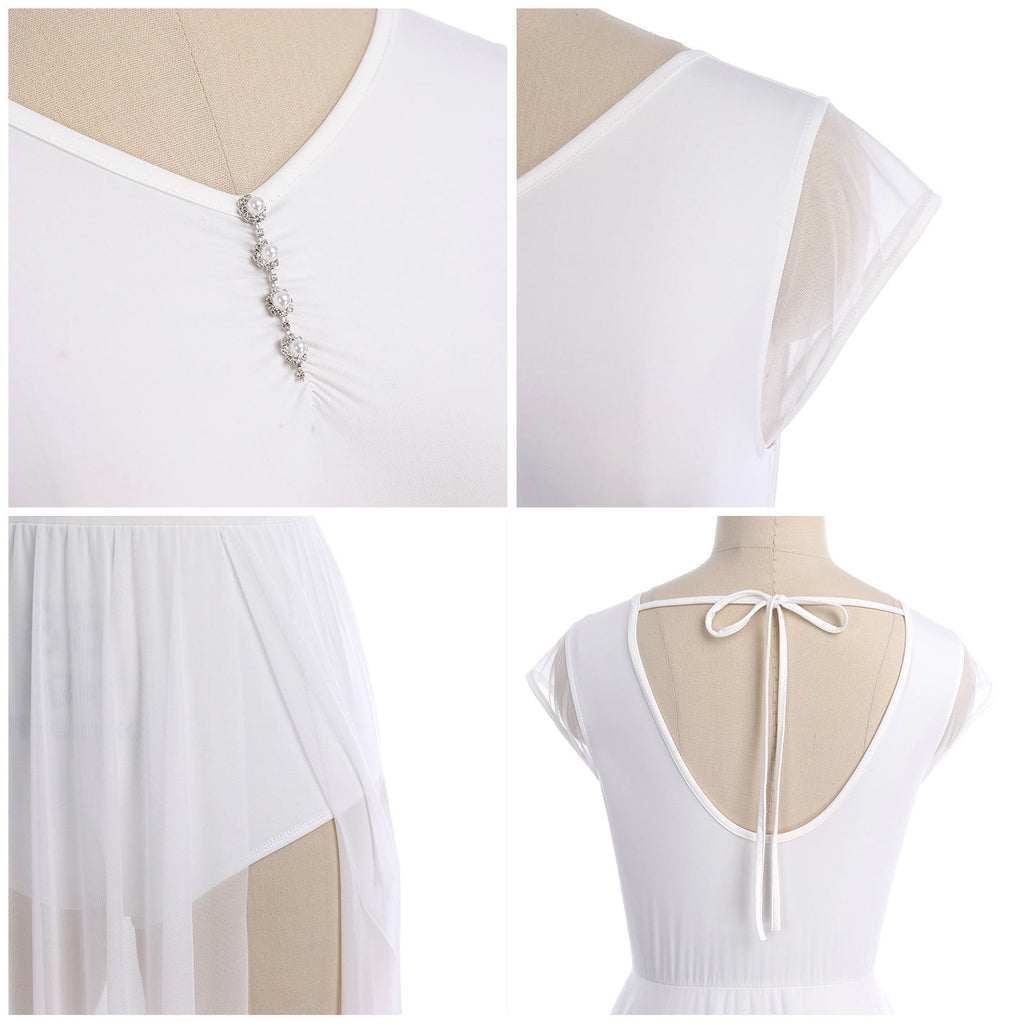 IBTOM CASTLE Women Lyrical Dance Dress Adult Modern Contemporary Dancewear Cap Sleeve Flowy Mesh Split Maxi Long Dress S White
