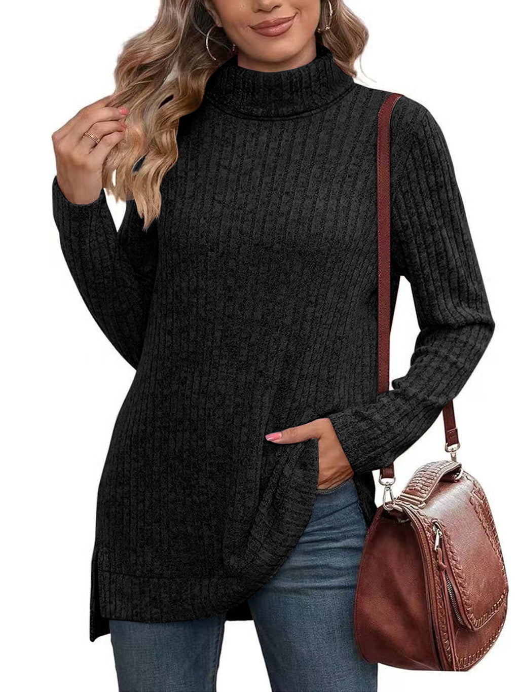 SHIBEVER Sweaters for Women Long Sleeve Pullover Casual Fall Tunic Tops Turtleneck Lightweight Soft Sweaters Side Split Loose Winter Clothes