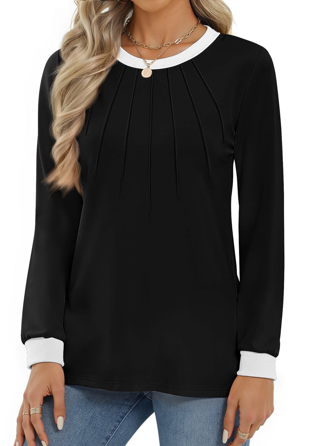 Fantaslook Women Blouses Color Block Long Sleeve Shirts Pleated Fall Tops Fashion Dressy Blouses