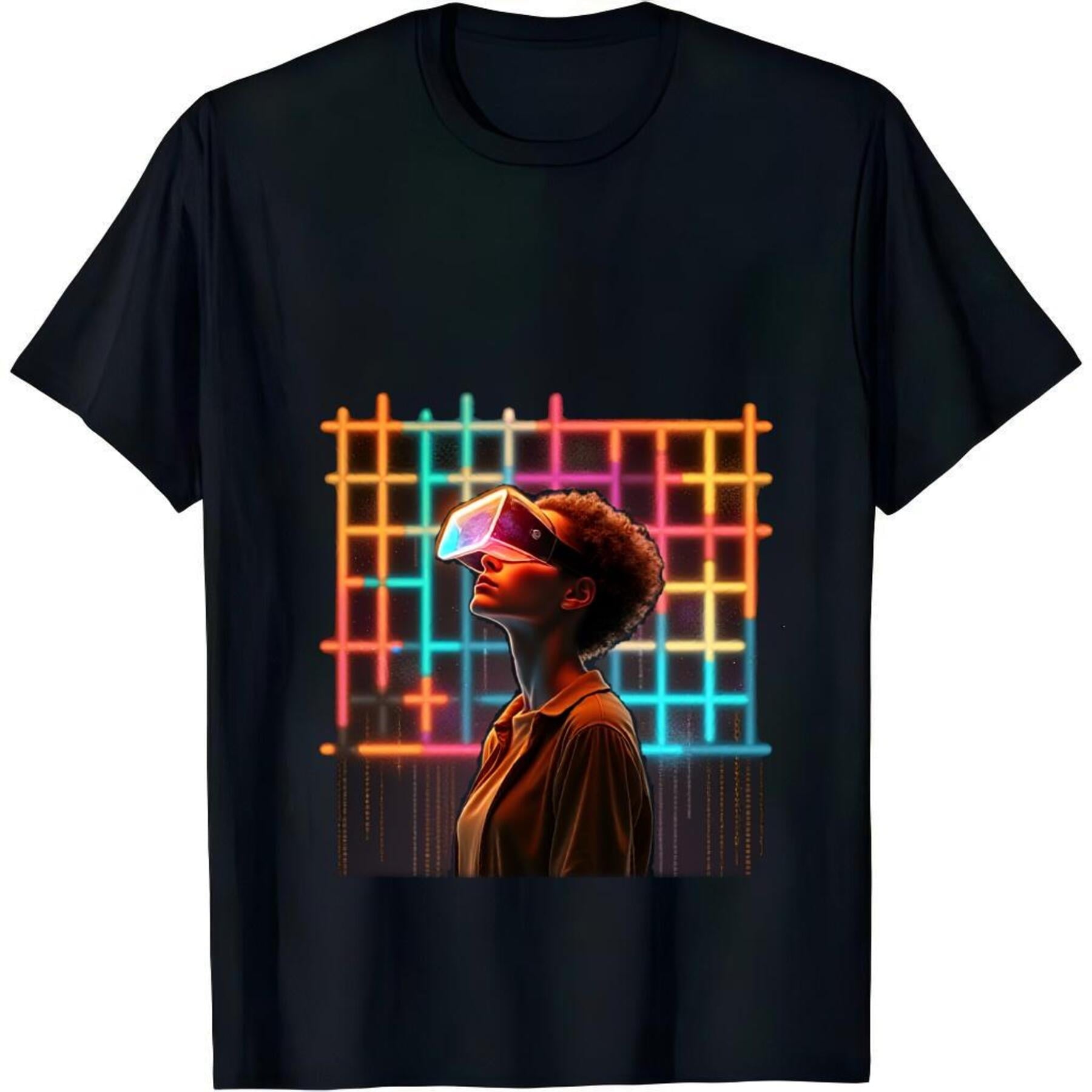 Men's Cotton Short Sleeve T-Shirt with Futuristic Geometric Pattern Design - Modern Tech Style Tee